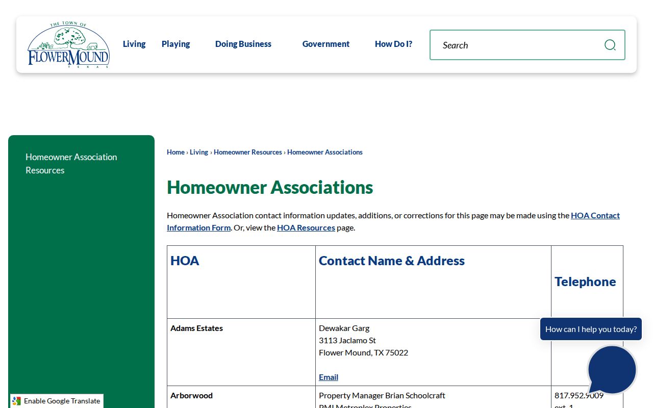 Flower Mound neighbors homeowner association directory and public contact routes