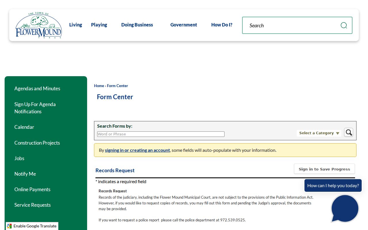 Flower Mound resident lookup Municipal Court records request form